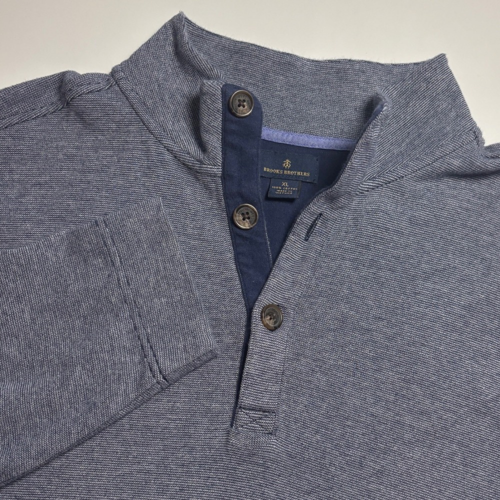 Brooks Brothers Mock Neck Henley Men's XL Blue Gray Cotton Knit Pullover‎ Shirt